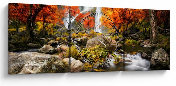 Obraz - Vodopády v oranžovém lese (s hodinami) (90x30 cm)