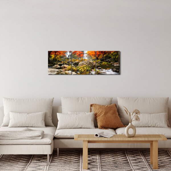 Obraz - Vodopády v oranžovém lese (s hodinami) (90x30 cm)