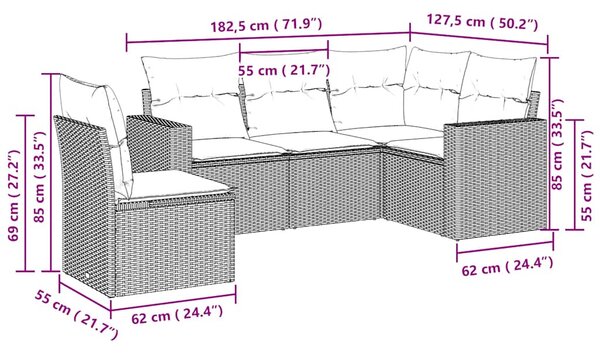 5dílná zahradní sedací souprava a podušky světle šedá polyratan 3218962