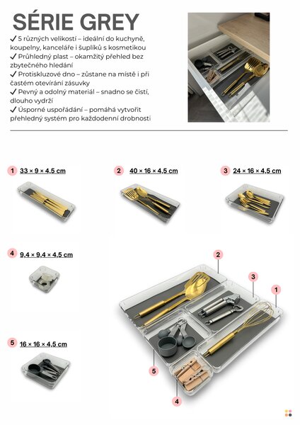 Orion Organizér do šuplíku kuchyně i koupelny, příborník GREY 33 x 9 x 5 cm