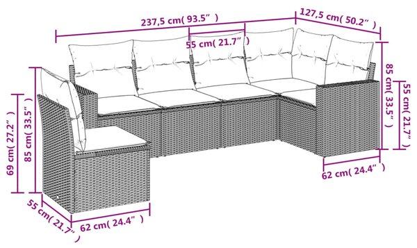 6dílná zahradní sedací souprava a podušky světle šedá polyratan 3219022