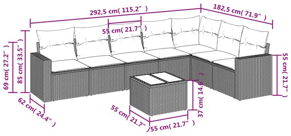 8dílná zahradní sedací souprava a podušky světle šedá polyratan 3219052