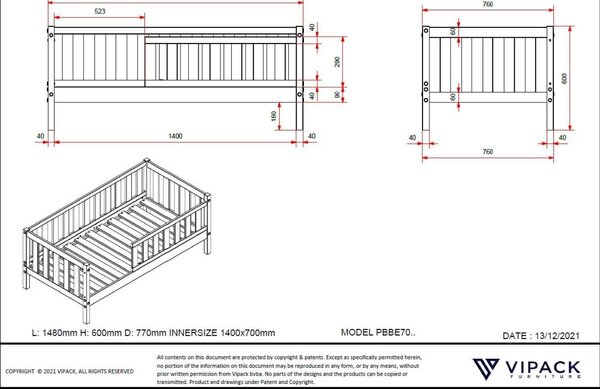 Vipack Dřevěná dětská postýlka Toddler 70 x 140 cm