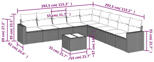 10dílná zahradní sedací souprava s poduškami šedá polyratan 3251437