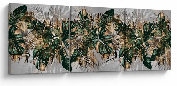 Obraz - Zlato-zelené tropické listy (s hodinami) (90x30 cm)