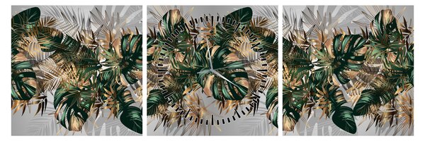 Obraz - Zlato-zelené tropické listy (s hodinami) (90x30 cm)