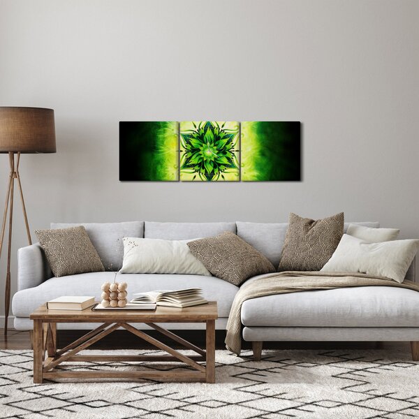 Obraz - Květinová mandala v zeleném pozadí (s hodinami) (90x30 cm)