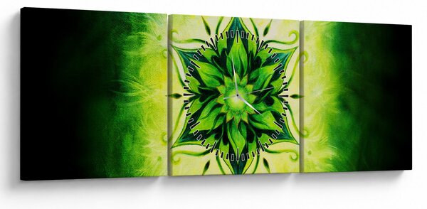 Obraz - Květinová mandala v zeleném pozadí (s hodinami) (90x30 cm)