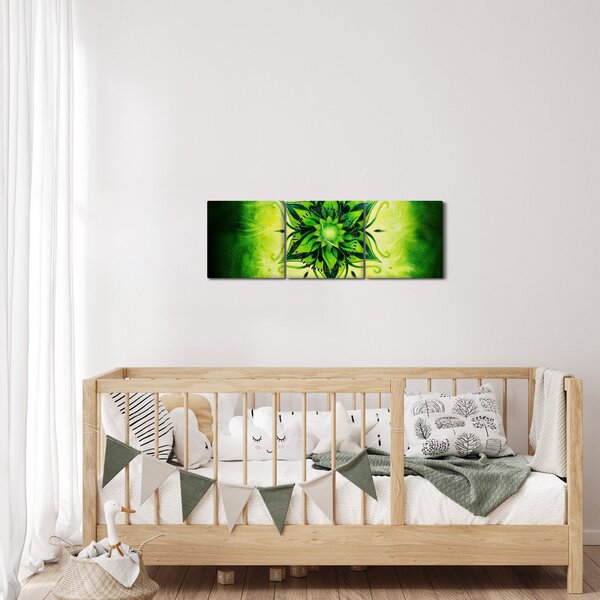 Obraz - Květinová mandala v zeleném pozadí (s hodinami) (90x30 cm)