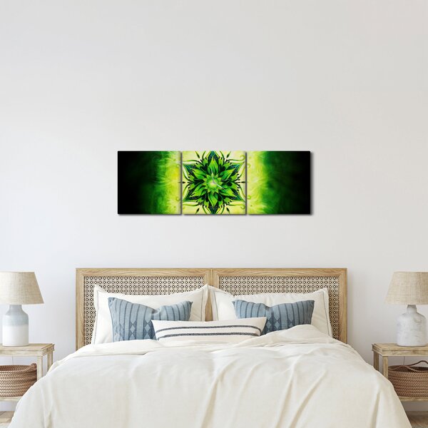 Obraz - Květinová mandala v zeleném pozadí (s hodinami) (90x30 cm)