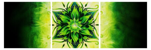 Obraz - Květinová mandala v zeleném pozadí (s hodinami) (90x30 cm)