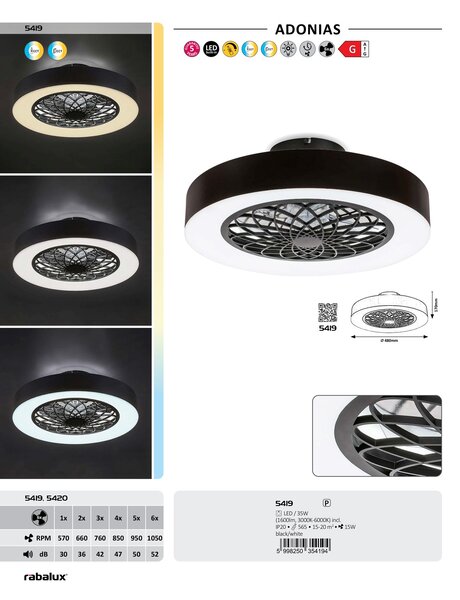 5419 LED Stmívatelné stropní svítidlo s ventilátorem LED/35W/230V 3000-6000K + dálkové ovládání