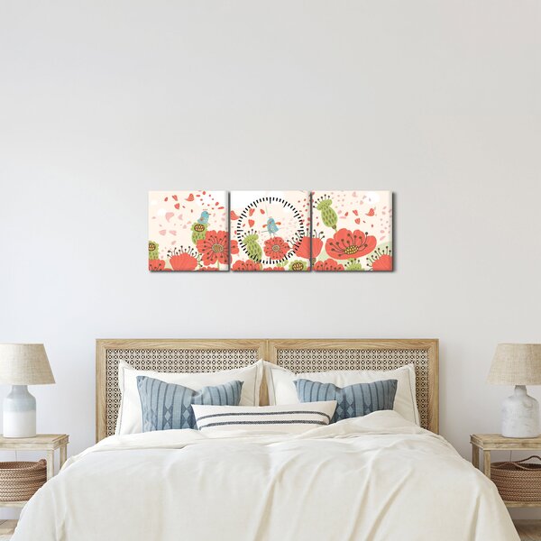Obraz - Ptáčci na rozkvetlé louce (s hodinami) (90x30 cm)
