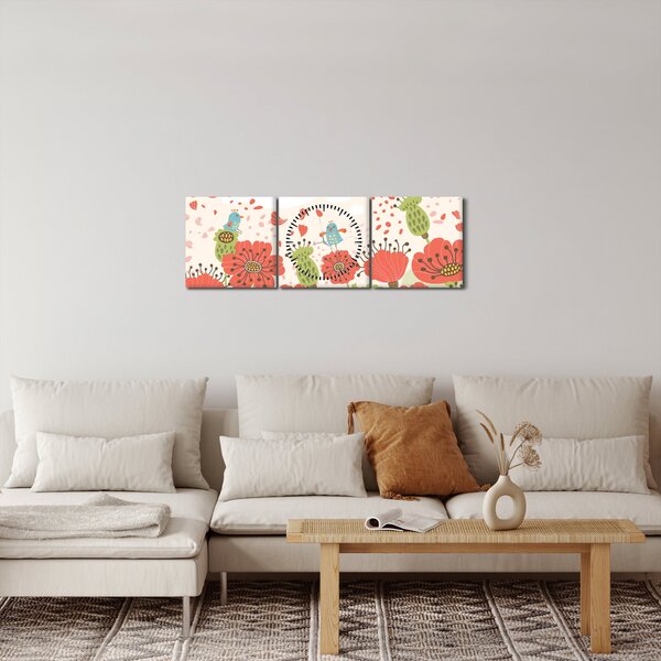Obraz - Ptáčci na rozkvetlé louce (s hodinami) (90x30 cm)