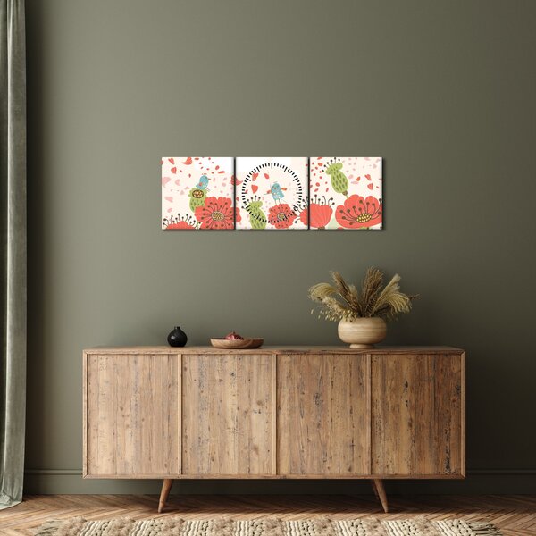 Obraz - Ptáčci na rozkvetlé louce (s hodinami) (90x30 cm)