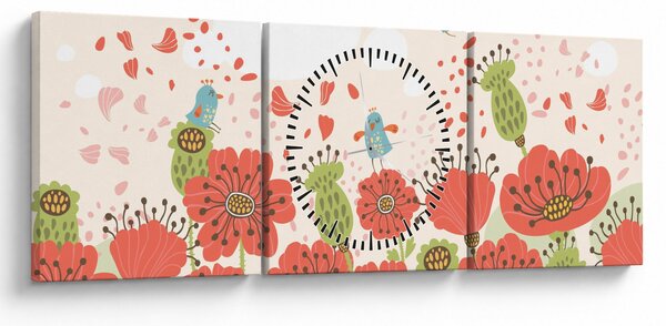 Obraz - Ptáčci na rozkvetlé louce (s hodinami) (90x30 cm)