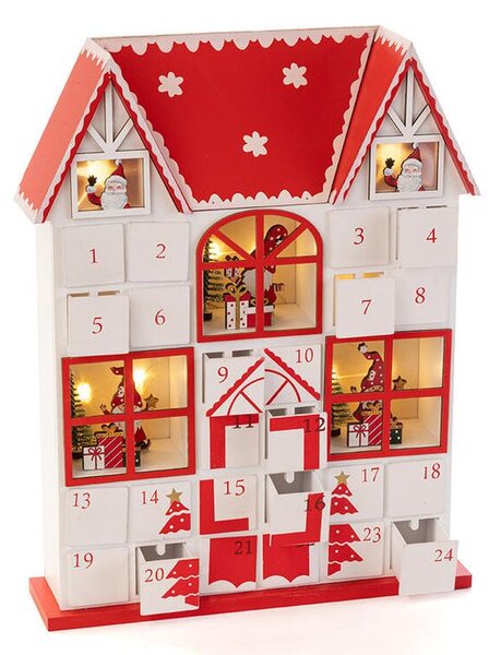 Dřevěný LED adventní kalendář s šuplíčky DOMEK červený