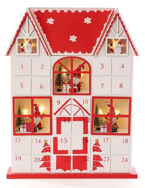 Dřevěný LED adventní kalendář s šuplíčky DOMEK červený