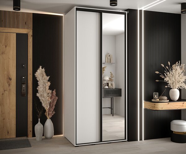Šatní skříň s posuvnými dveřmi a zrcadlem DAVOS 100 cm | Bílá / černé pojezdy