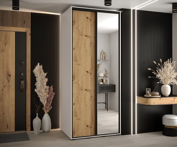 Šatní skříň s posuvnými dveřmi a zrcadlem DAVOS 100cm | Bílá / DUB Artisan / černé pojezdy