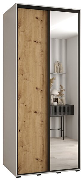 Šatní skříň s posuvnými dveřmi a zrcadlem DAVOS 100cm | Bílá / DUB Artisan / černé pojezdy