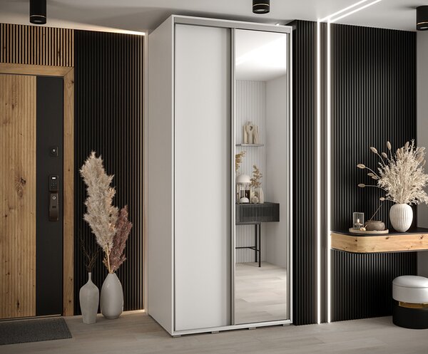 Šatní skříň s posuvnými dveřmi a zrcadlem DAVOS 100 cm | Bílá / stříbrné pojezdy