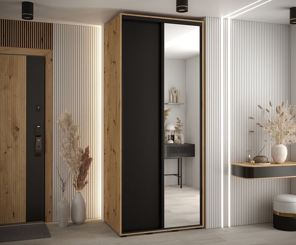 Šatní skříň s posuvnými dveřmi a zrcadlem DAVOS 100cm |DUB Artisan / černá / černé pojezdy