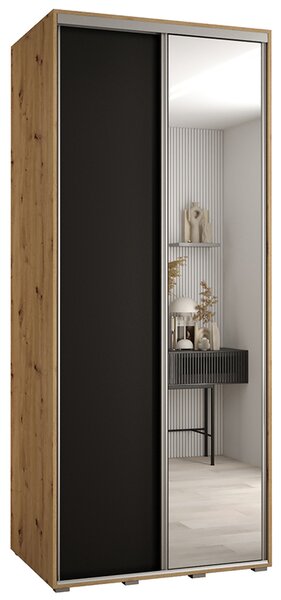 Šatní skříň s posuvnými dveřmi a zrcadlem DAVOS 100cm | DUB Artisan / černá / stříbrné