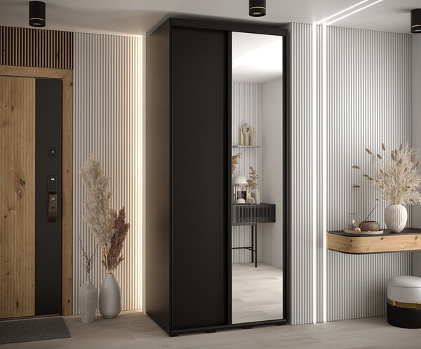 Šatní skříň s posuvnými dveřmi a zrcadlem DAVOS 100cm | Černá / černé pojezdy