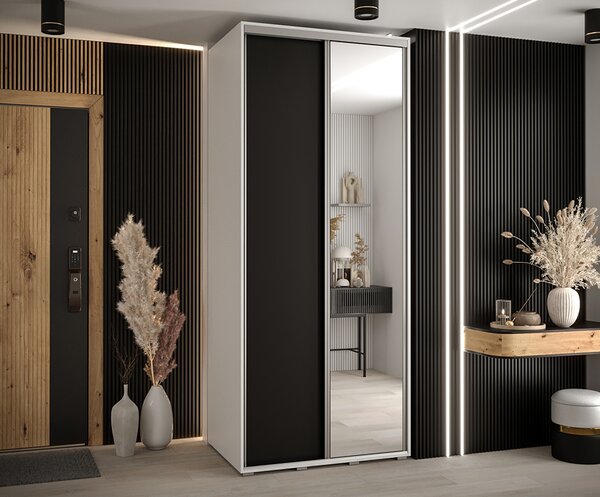 Šatní skříň s posuvnými dveřmi a zrcadlem DAVOS 100cm | Bílá / černá / stříbrné pojezdy