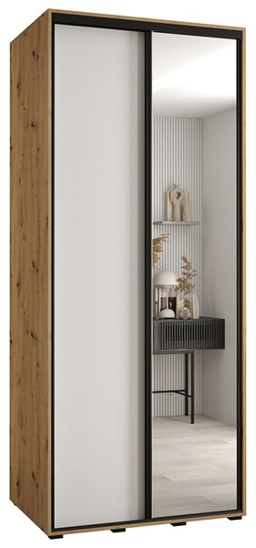 Šatní skříň s posuvnými dveřmi a zrcadlem DAVOS 100cm | DUB Artisan / bílá / černé pojezdy
