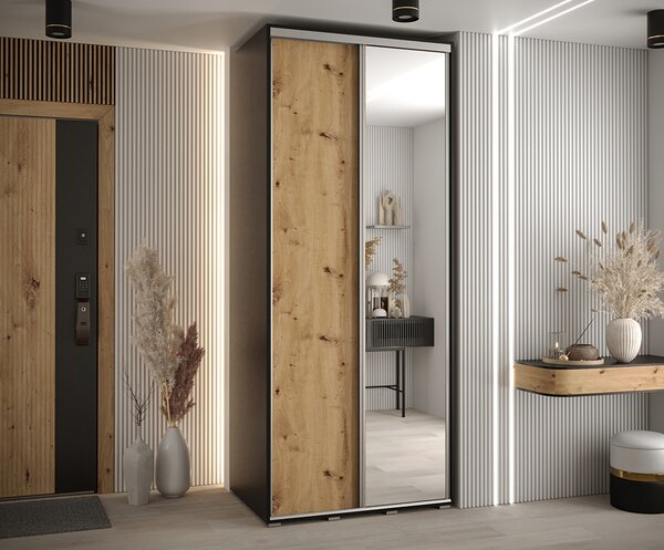 Šatní skříň s posuvnými dveřmi a zrcadlem DAVOS 100cm | Černá / DUB Artisan / stříbrné