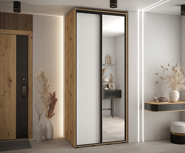 Šatní skříň s posuvnými dveřmi a zrcadlem DAVOS 100cm | DUB Artisan / bílá / černé pojezdy