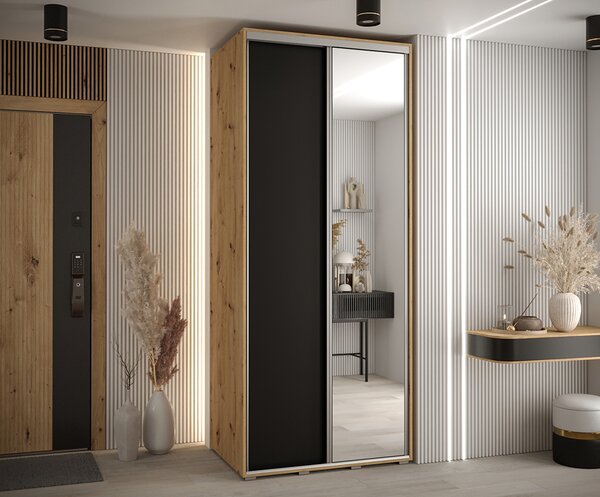 Šatní skříň s posuvnými dveřmi a zrcadlem DAVOS 120cm | DUB Artisan / černá / stříbrné