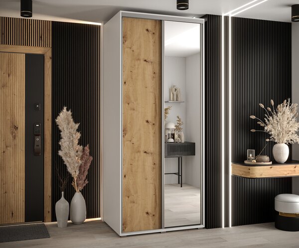 Šatní skříň s posuvnými dveřmi a zrcadlem DAVOS 100cm | Bílá / DUB Artisan / stříbrné
