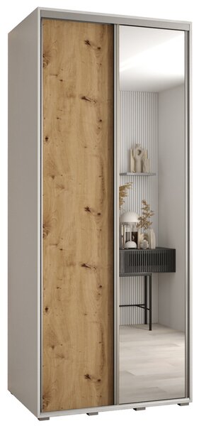 Šatní skříň s posuvnými dveřmi a zrcadlem DAVOS 100cm | Bílá / DUB Artisan / stříbrné