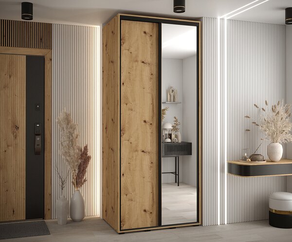 Šatní skříň s posuvnými dveřmi a zrcadlem DAVOS 100cm | DUB Artisan / černé pojezdy