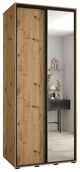 Šatní skříň s posuvnými dveřmi a zrcadlem DAVOS 100cm | DUB Artisan / černé pojezdy