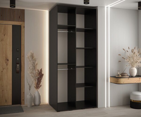Šatní skříň s posuvnými dveřmi DAVOS 4, 100cm | Černá / DUB Artisan / černé pojezdy