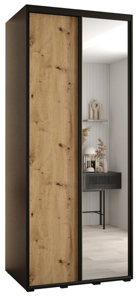 Šatní skříň s posuvnými dveřmi a zrcadlem DAVOS 100cm | Černá / DUB Artisan / černé pojezd