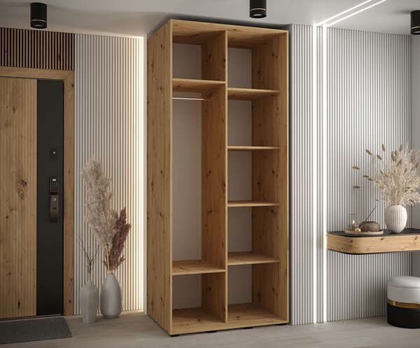 Šatní skříň s posuvnými dveřmi a zrcadlem DAVOS 100cm |DUB Artisan / černá / černé pojezdy