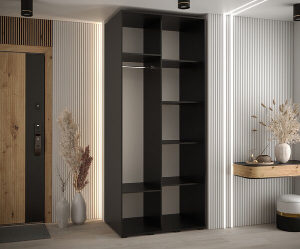 Šatní skříň s posuvnými dveřmi DAVOS 4, 100cm | Černá / DUB Artisan / černé pojezdy