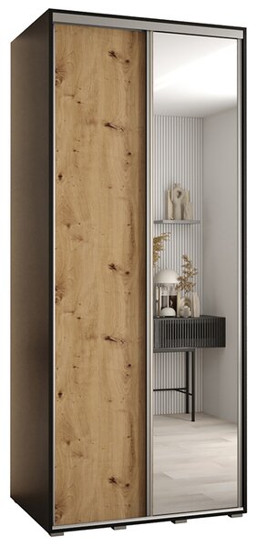 Šatní skříň s posuvnými dveřmi a zrcadlem DAVOS 100cm | Černá / DUB Artisan / stříbrné