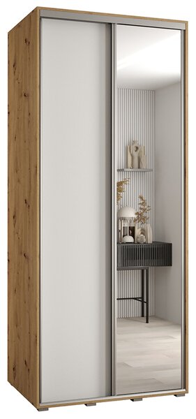 Šatní skříň s posuvnými dveřmi a zrcadlem DAVOS 100cm | DUB Artisan / bílá / stříbrné