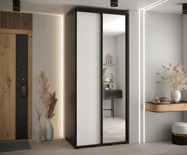 Šatní skříň s posuvnými dveřmi a zrcadlem DAVOS 100cm | Černá / bílá / černé pojezdy