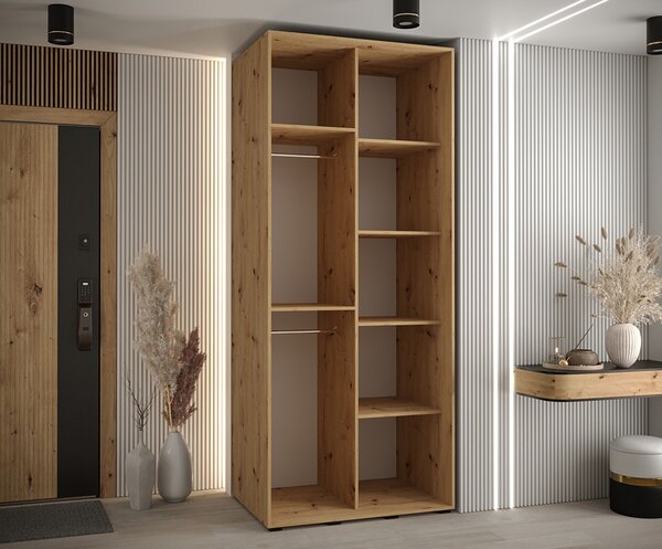 Šatní skříň s posuvnými dveřmi a zrcadlem DAVOS 100cm |DUB Artisan / černá / černé pojezdy