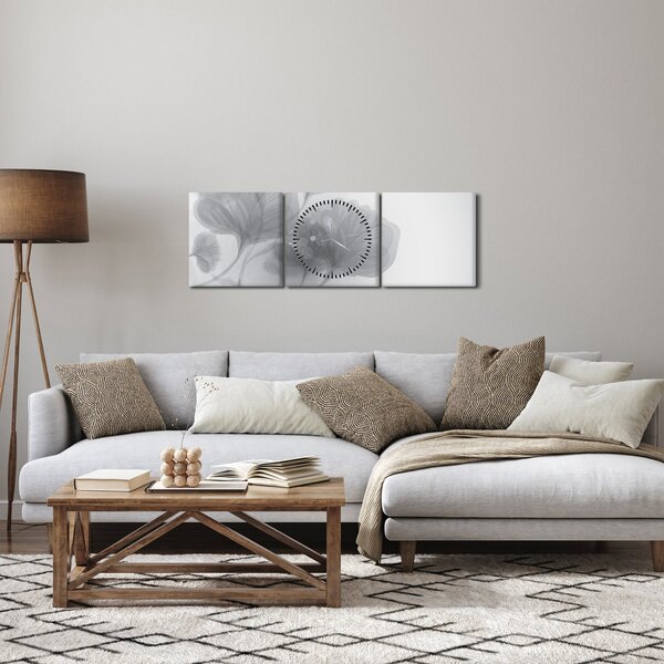 Obraz květin v šedých odstínech (s hodinami) (90x30 cm)