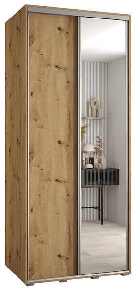 Šatní skříň s posuvnými dveřmi a zrcadlem DAVOS 100cm | DUB Artisan / stříbrné pojezdy
