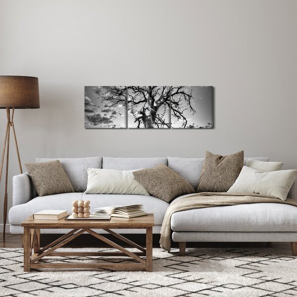 Obraz - Černobílý strom (s hodinami) (90x30 cm)