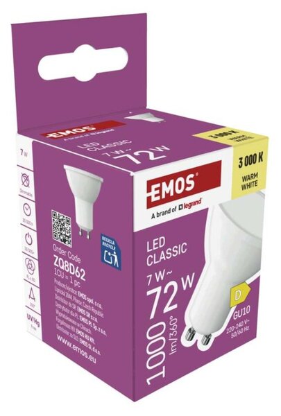 EMOS LED žárovka Classic MR16 bílá / GU10 / 7 W (72 W) / 1000 lm / teplá bílá 1525730238